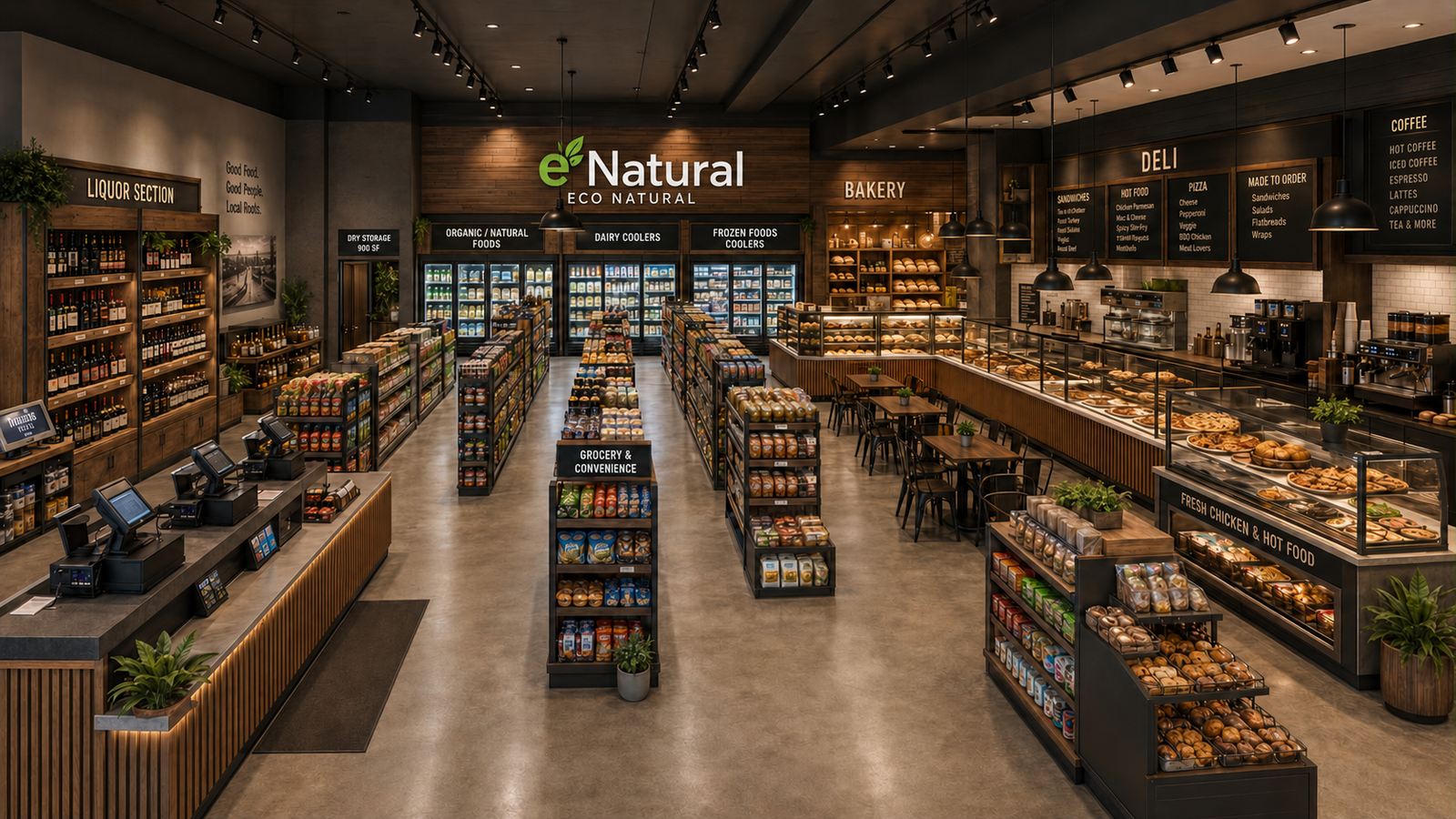 Eco Natural interior with grocery aisles, bakery, deli, coffee and coolers